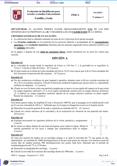 Vista previa de Examen PAU de Física de Castilla y León 2018 – Extraordinaria