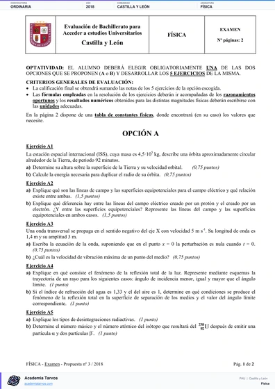 Vista previa de Examen PAU de Física de Castilla y León 2018 – Ordinaria