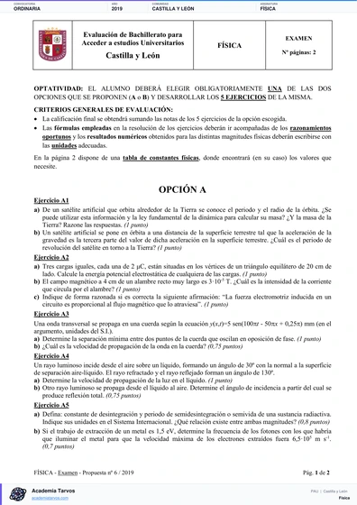 Vista previa de Examen PAU de Física de Castilla y León 2019 – Ordinaria