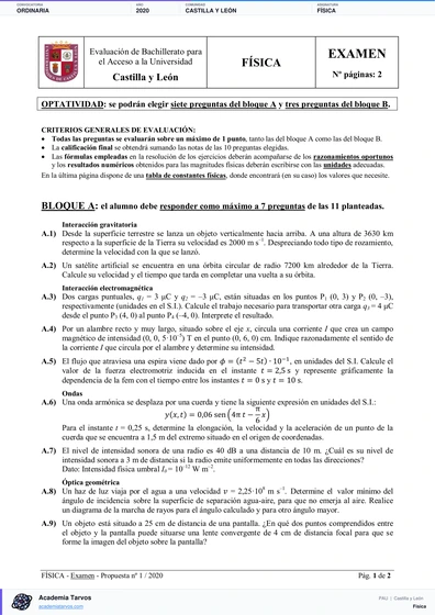 Vista previa de Examen PAU de Física de Castilla y León 2020 – Ordinaria