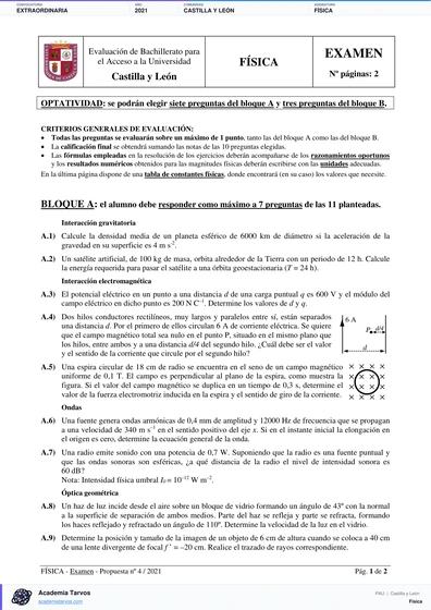 Vista previa de Examen PAU de Física de Castilla y León 2021 – Extraordinaria