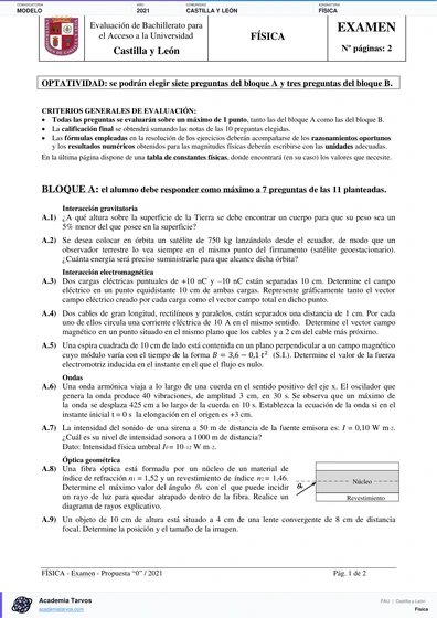 Vista previa de Modelo PAU de Física de Castilla y León 2021