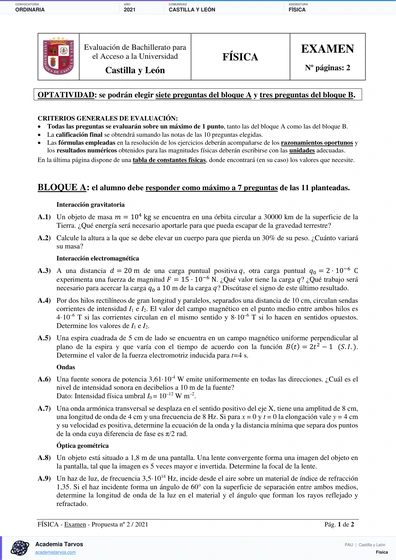 Vista previa de Examen PAU de Física de Castilla y León 2021 – Ordinaria
