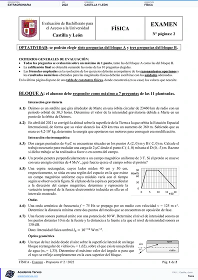 Vista previa de Examen PAU de Física de Castilla y León 2022 – Extraordinaria