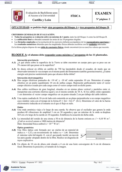 Vista previa de Modelo PAU de Física de Castilla y León 2022