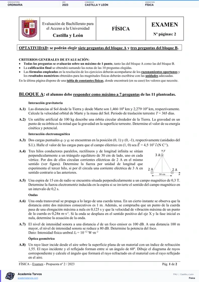 Vista previa de Examen PAU de Física de Castilla y León 2023 – Ordinaria