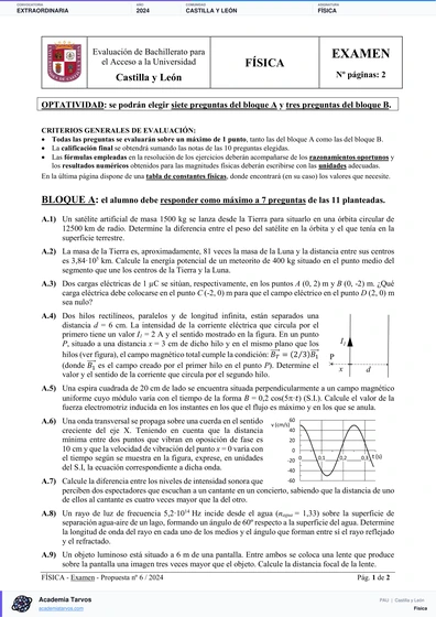 Vista previa de Examen PAU de Física de Castilla y León 2024 – Extraordinaria