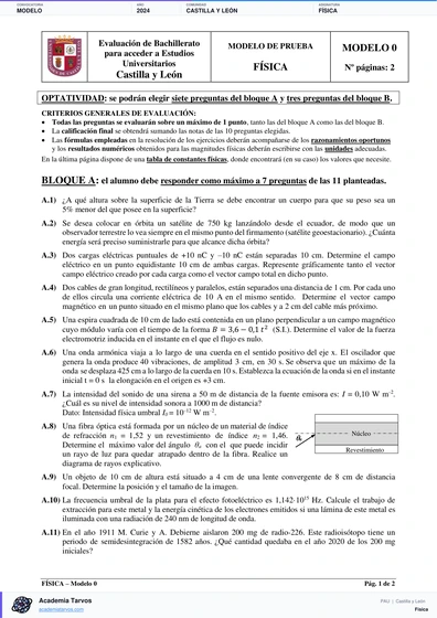 Vista previa de Modelo PAU de Física de Castilla y León 2024