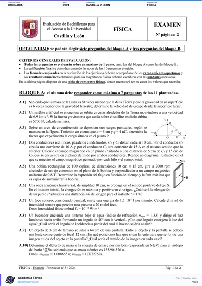Vista previa de Examen PAU de Física de Castilla y León 2024 – Ordinaria