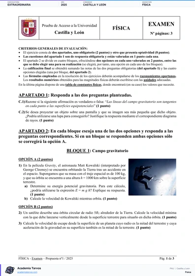 Vista previa de Examen PAU de Física de Castilla y León 2025 – Extraordinaria