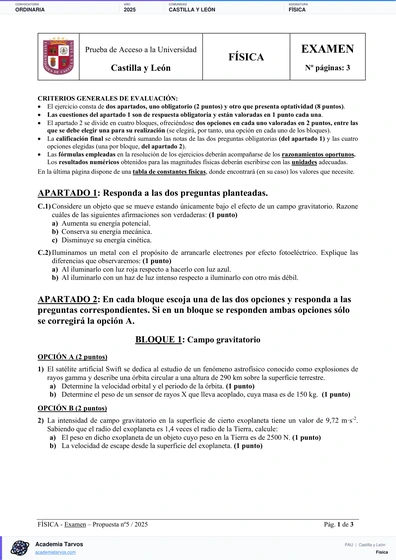Vista previa de Examen PAU de Física de Castilla y León 2025 – Ordinaria
