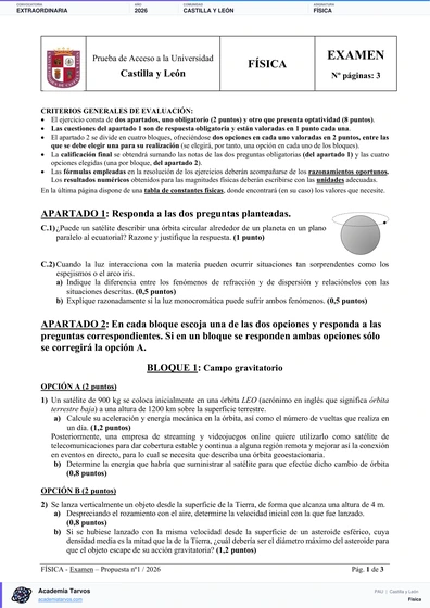 Vista previa de Examen PAU de Física de Castilla y León 2026 – Extraordinaria