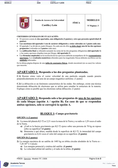 Vista previa de Modelo PAU de Física de Castilla y León 2026