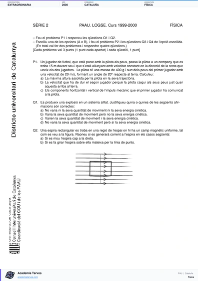 Vista previa de Examen PAU de Física de Cataluña 2000 – Extraordinaria