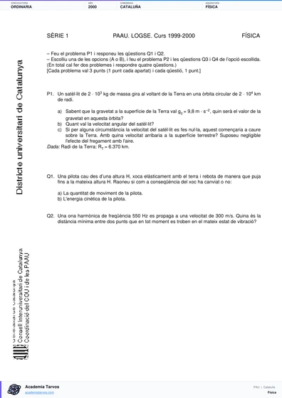 Vista previa de Examen PAU de Física de Cataluña 2000 – Ordinaria