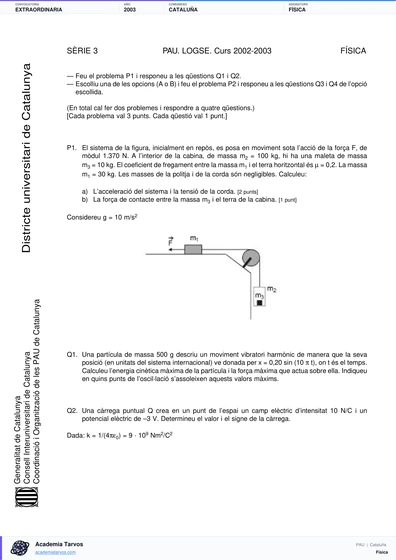 Vista previa de Examen PAU de Física de Cataluña 2003 – Extraordinaria