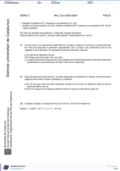 Vista previa de Examen PAU de Física de Cataluña 2004 – Extraordinaria