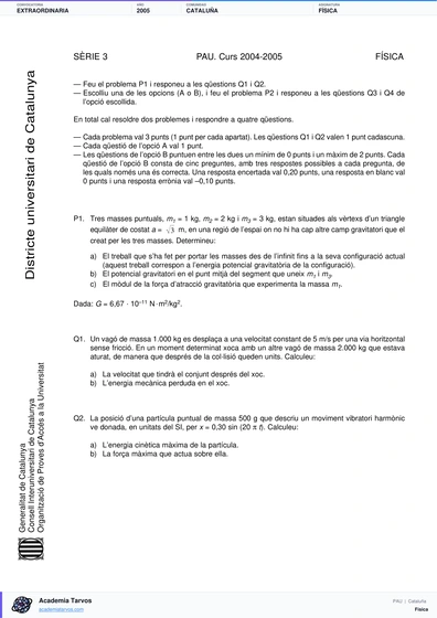 Vista previa de Examen PAU de Física de Cataluña 2005 – Extraordinaria