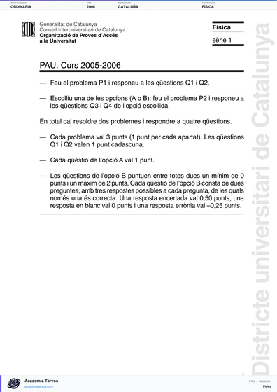 Vista previa de Examen PAU de Física de Cataluña 2006 – Ordinaria
