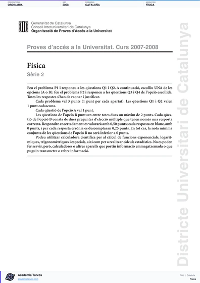 Vista previa de Examen PAU de Física de Cataluña 2008 – Ordinaria