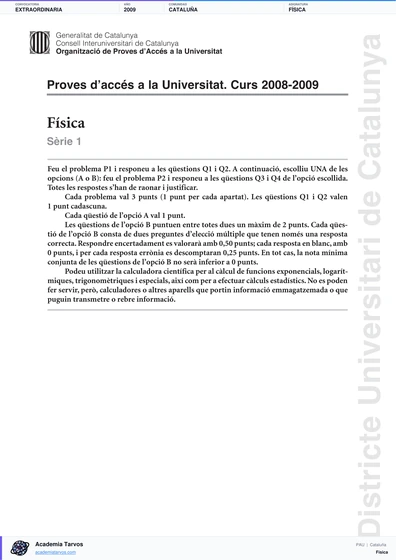 Vista previa de Examen PAU de Física de Cataluña 2009 – Extraordinaria
