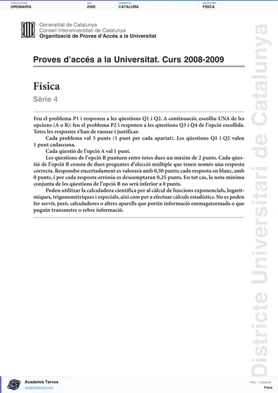 Vista previa de Examen PAU de Física de Cataluña 2009 – Ordinaria