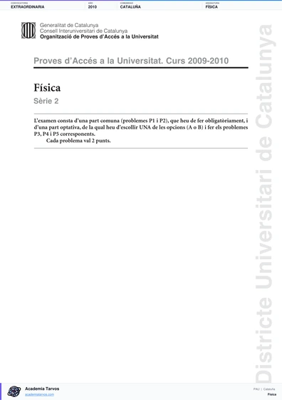 Vista previa de Examen PAU de Física de Cataluña 2010 – Extraordinaria