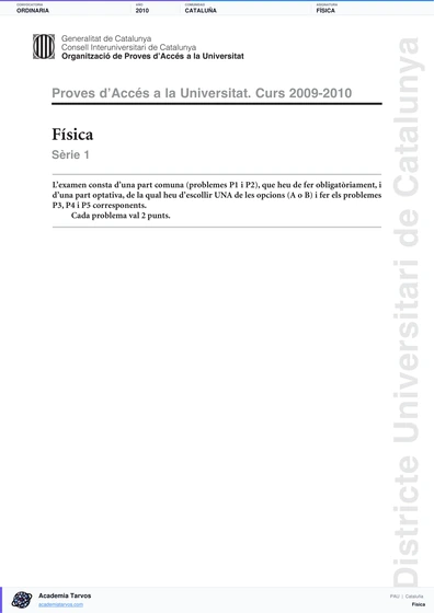 Vista previa de Examen PAU de Física de Cataluña 2010 – Ordinaria