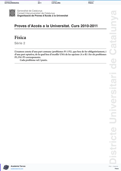 Vista previa de Examen PAU de Física de Cataluña 2011 – Extraordinaria