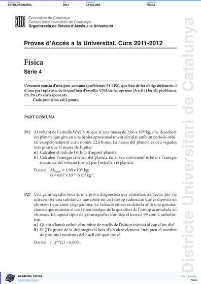 Vista previa de Examen PAU de Física de Cataluña 2012 – Extraordinaria