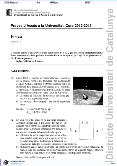Vista previa de Examen PAU de Física de Cataluña 2013 – Extraordinaria