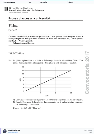 Vista previa de Examen PAU de Física de Cataluña 2017 – Extraordinaria