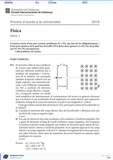 Vista previa de Examen PAU de Física de Cataluña 2019 – Ordinaria