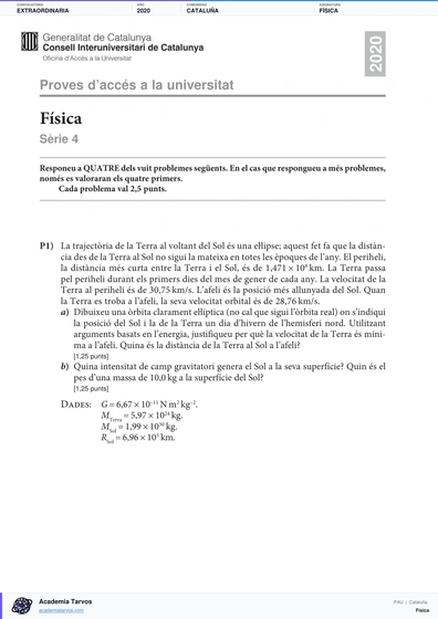 Vista previa de Examen PAU de Física de Cataluña 2020 – Extraordinaria