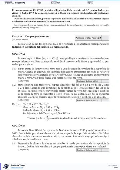 Vista previa de Examen PAU de Física de Cataluña 2026 – Ordinaria   Incidencias
