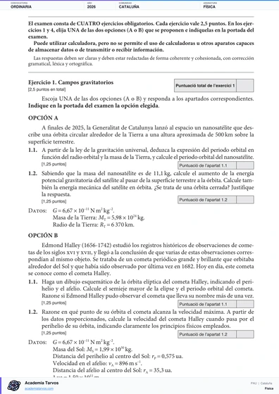 Vista previa de Examen PAU de Física de Cataluña 2026 – Ordinaria