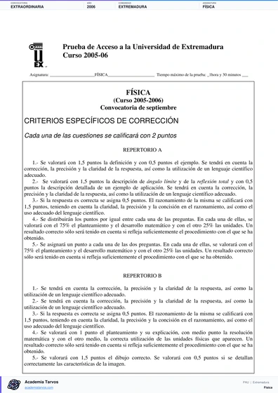Vista previa de Examen PAU de Física de Extremadura 2006 – Extraordinaria