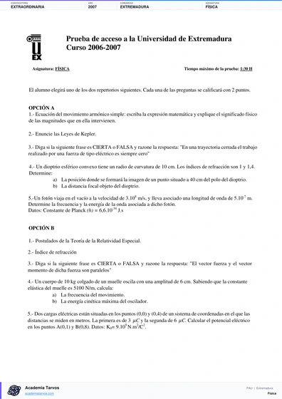 Vista previa de Examen PAU de Física de Extremadura 2007 – Extraordinaria