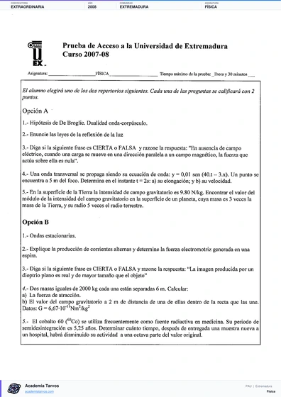 Vista previa de Examen PAU de Física de Extremadura 2008 – Extraordinaria