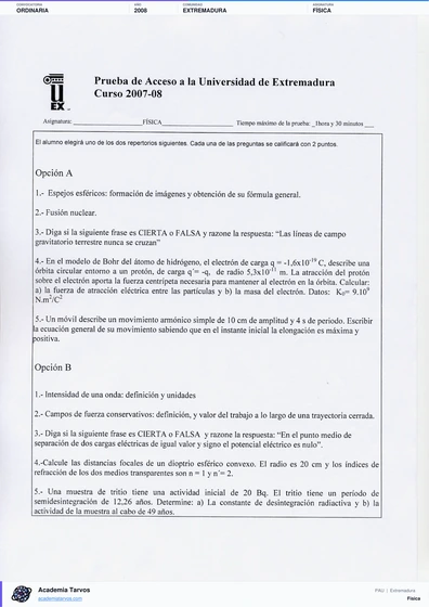 Vista previa de Examen PAU de Física de Extremadura 2008 – Ordinaria
