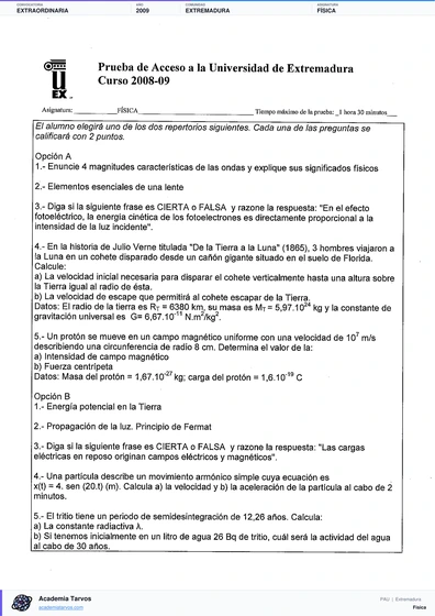 Vista previa de Examen PAU de Física de Extremadura 2009 – Extraordinaria