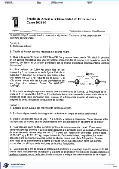 Vista previa de Examen PAU de Física de Extremadura 2009 – Ordinaria