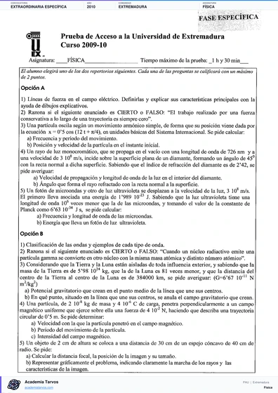 Vista previa de Examen PAU de Física de Extremadura 2010 – Extraordinaria Específica