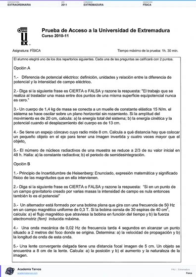 Vista previa de Examen PAU de Física de Extremadura 2011 – Extraordinaria