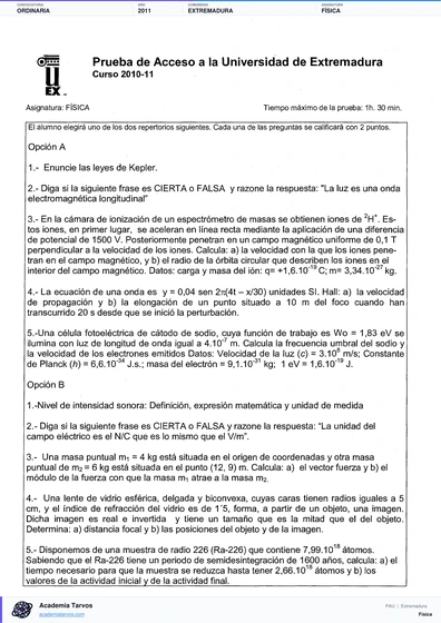 Vista previa de Examen PAU de Física de Extremadura 2011 – Ordinaria