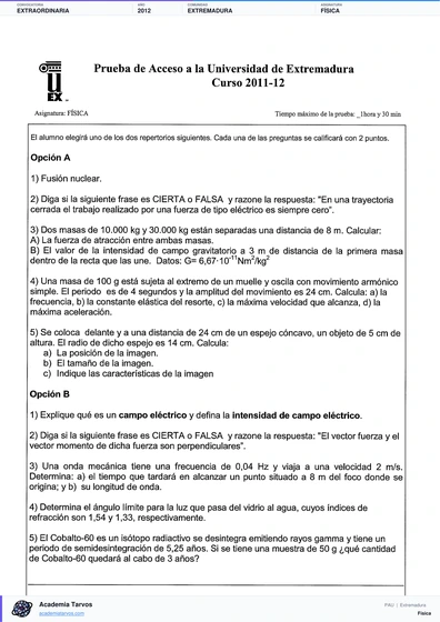 Vista previa de Examen PAU de Física de Extremadura 2012 – Extraordinaria
