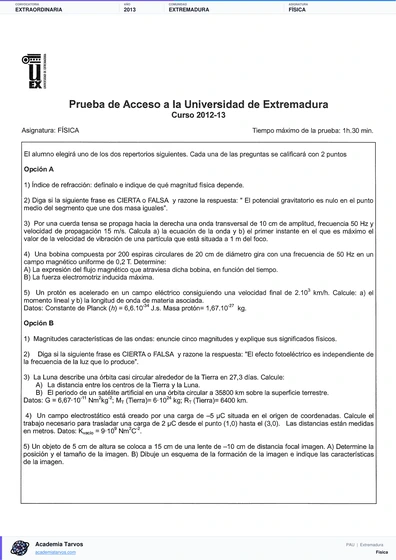 Vista previa de Examen PAU de Física de Extremadura 2013 – Extraordinaria