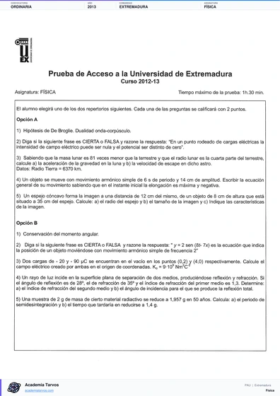Vista previa de Examen PAU de Física de Extremadura 2013 – Ordinaria