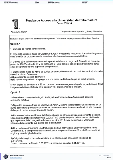 Vista previa de Examen PAU de Física de Extremadura 2014 – Extraordinaria
