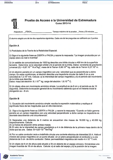 Vista previa de Examen PAU de Física de Extremadura 2014 – Ordinaria